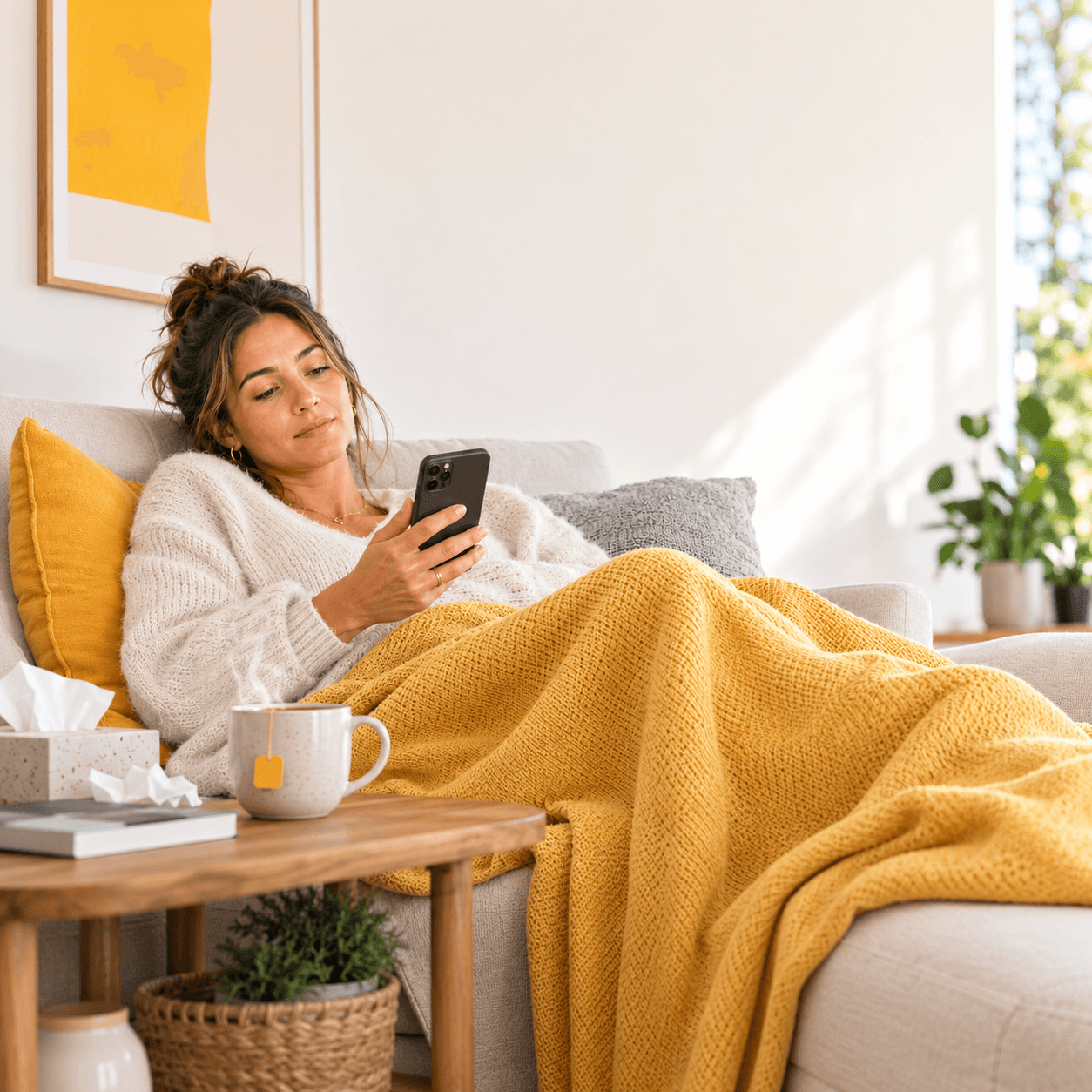 Woman resting on a sofa checking her phone